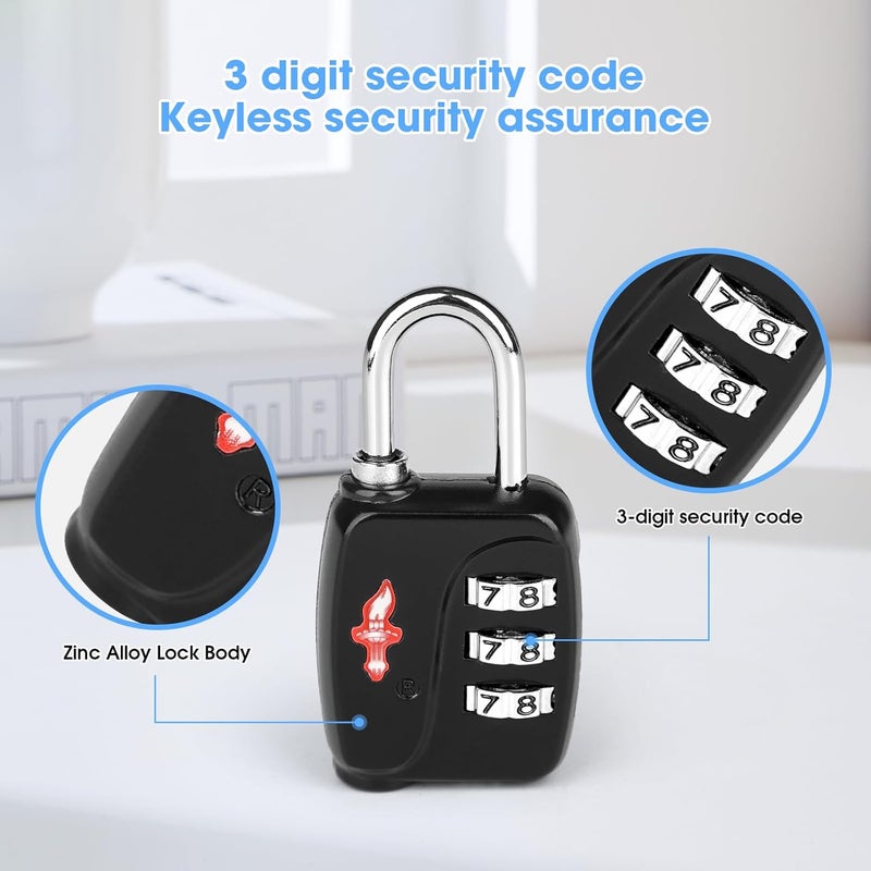 iGuruTr أقفال TSA 4-pack - أقفال سفر وصالة رياضية خفيفة الوزن للغاية (54 جرام لكل منها!)، أقفال أمتعة آمنة معتمدة من TSA للحقائب، حقائب المدرسة، الخزائن - رمز مكون من 3 أرقام، تصميم مدمج 2.36 بوصة - Image 5